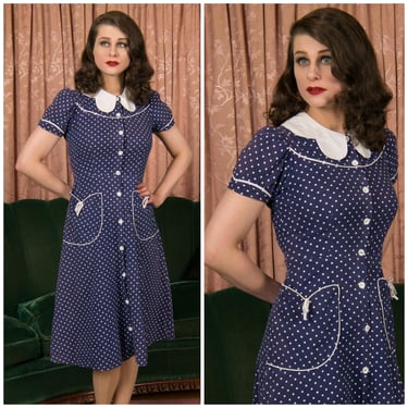 1930s Dress - Adorable Vintage 30s Cuspy Cotton Puff Sleeve Day Dress of Perfect Worn in Cotton Polka Dot in Blue and White 