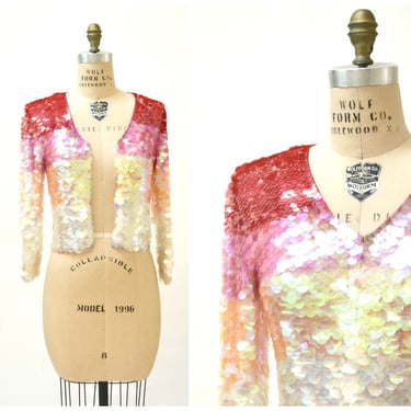 Vintage Sequin Jacket Cardigan Sweater Size Small Medium By Moschino Cheap and Chic Red Pink Cream White Large Sequins 