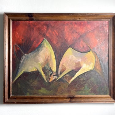 Vintage Signed Original Oil Modernist Abstract Bull Painting Mid Century 1960s 