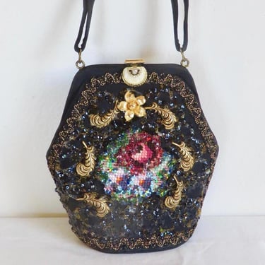 1960's Black Beaded and Needlepoint Purse Top Handle Evening Formal 60's Handbags Caron of Houston 