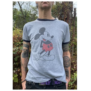 Vintage ‘70s Mickey Mouse ringer tee | heather gray ‘80s graphic tshirt, Disney, The Outsiders costume, “Two Bit”, M/L 
