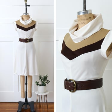 vintage 1970s color block dress • cowl neck white & brown nylon cute short sleeve dress 