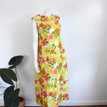 1960s Neon Floral Hawaiian Maxi Dress - L 