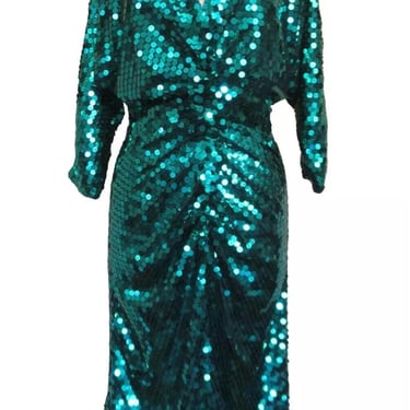 Vintage Sequin Dress, Oleg Cassini, Cocktail Dress Women, M Women, Green Sequin Dress, Dolman Sleeves 