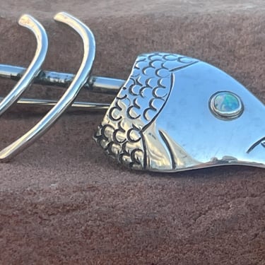 Courtney Peterson ~ Large Vintage Sterling Silver Fish Bone Brooch / Pin with Opal Eye 