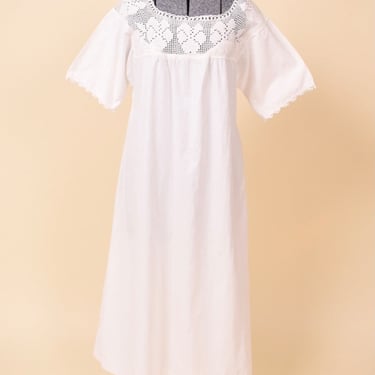 White Antique Square Crochet Neckline Nightgown, M