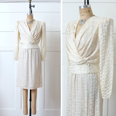 vintage 1990s ivory silk blouse & skirt • puff sleeve subtle houndstooth pattern dress set 
