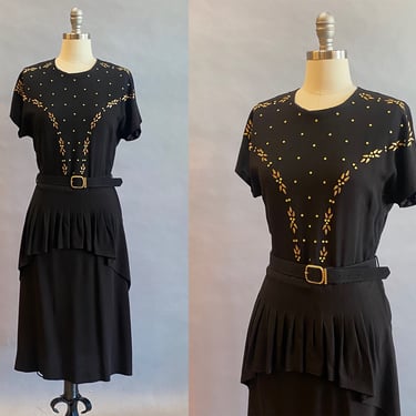 1940s Black Studded Dress / 1940s Party Dress / 1940s Cocktail Dress / Size Small - Medium 