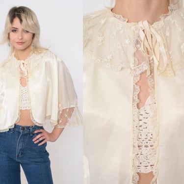 70s Bed Jacket Cream Satin Lace Trim Lingerie Top Bell Sleeve Tie Front Sleep Shirt Retro Lounge Crop Top Shirred Vintage 1970s Medium Large 
