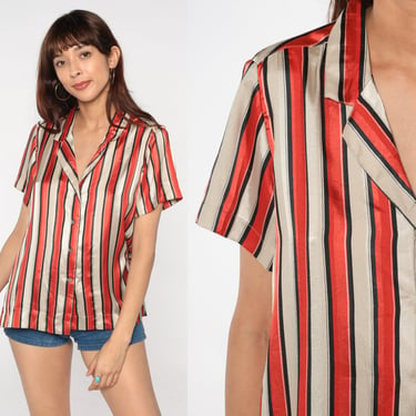 Striped Silk Shirt 70s Button Up Blouse Retro Short Sleeve Collared Top Boho Preppy Seventies Red Taupe Stripes Vintage 1970s Medium M 