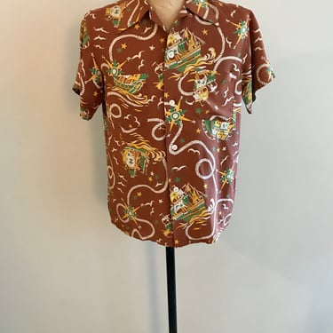 Florida Sunwear inc Miami 1950s rayon pirate nautical print shirt. Size M 