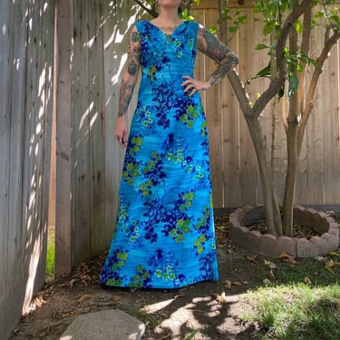 Vintage 1970’s Blue and Green Floral Hawaiian Maxi Dress 