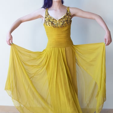 1940s Chartreuse Chiffon Gown 