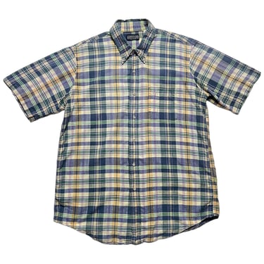 Vintage 1980s USA Made LANDS' END Madras Plaid Shirt ~ L ~ Cotton ~ 80s Button-Down Oxford ~ Preppy / Trad / Ivy ~ Short Sleeve 