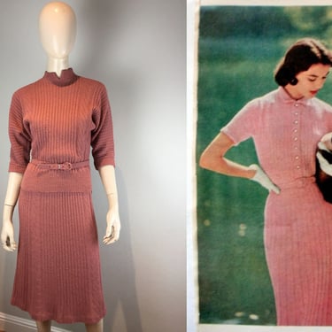 Cats Were Her Thing - Vintage 1950s Bradley Muted Mauve Rose Pink Wool Knit Sweater Skirt Set - Rare Colour 