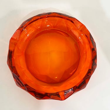 Vintage Glass Orange Ashtray Heavy Faceted Saffron Decor Trinket Ring Dish Tobacciana Smoking Smoker Gift Large Groovy Pad Bar 1960s 