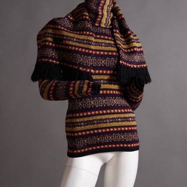 F/W 1990 Jean Paul Gaultier Fair Isle knit sweater and matching scarf stole in plum, maroon and mustard yellow 