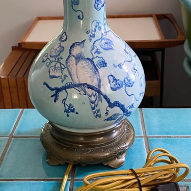 Pair Light Blue Birds Antique Asian Style Decorative Lamps 
