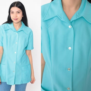 Blue Button Up Shirt 70s Blouse Dagger Collar Pocket Longline Tunic Disco Top Simple Preppy Collared Plain Short Sleeve Vintage 1970s Medium 