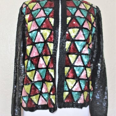 Vintage 1980s Sequin Jacket, Medium Women, Black Silk, Black Pink Green Red Yellow Sequins Beads, tags attached 