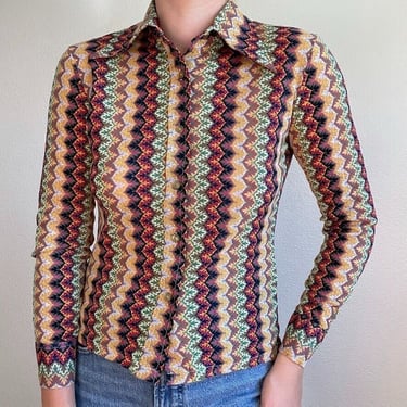 Vintage 1970s Womens Multicolored Psychedelic Groovy Button Down Blouse Sz XS 