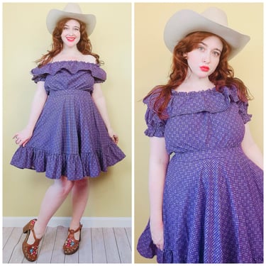 1980s Vintage Purple Grid Print Square Dance Set / 80s / Eighties Ruffled Blouse and Western Circle Skirt / Size Small - Medium 