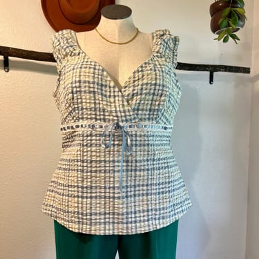 Torrid Y2K Blue & Green Plaid Print Ribbon Bow Tie V Neck Tank Top USA Size 3X 