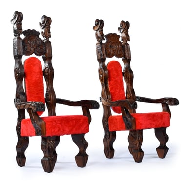 Pair of Restored Vintage Witco Conquistador Tiki Throne Chairs in Original Red Fur 
