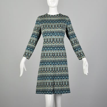 Attributed to Pierre Balmain Medium 1970s Blue Dress Long Sleeve Metallic Lurex Stripes Party Shift Dress 