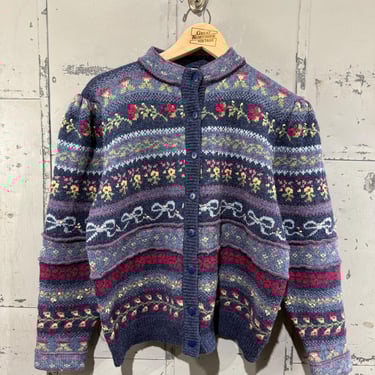 Vintage Floral Bow Picture Knit Sweater Cardigan Susan Bristol Fair Isle Norwegian Style Knit Hand Embroidered 