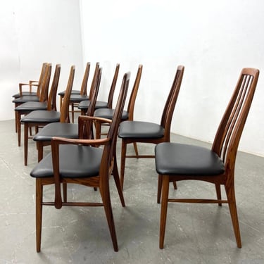 Set of 12 sculpted rosewood Danish dining chairs Model Eva by Niels Koefoed. 