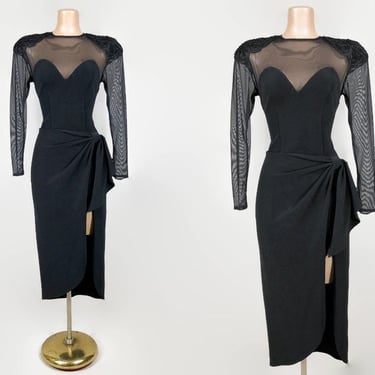 VINTAGE 90s Sweetheart Illusion Gothic Bombshell Dress | 1990s Curvy Side Slit Bold Shoulder Cocktail Dress By Betsy and Adam 9/10 | VFG 