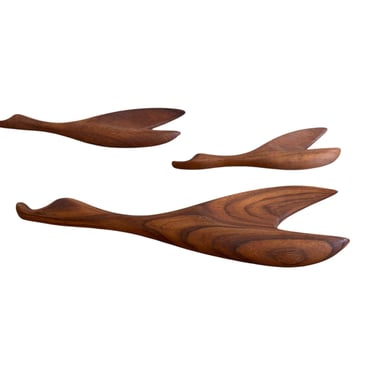 Mid-Century Set of Three Teak Wood Minimalist Bird Hanging Wall Art 