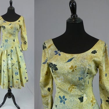 50s Unusual Green Butterfly Leaf Dress - Full Skirt - Asymmetrical Drop Waist - Vintage 1950s - S 