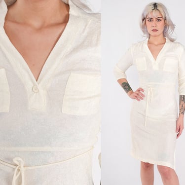 White Terry Cloth Dress 70s V Neck Midi Button Up Dress Polo Dress 3/4 Sleeve High Waist Pocket 1970s Vintage Sheath Belted Fitted Small s 