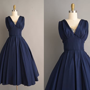 vintage 1950s Dress | Gorgeous Navy Blue Sweeping Full Skirt Party Dress | Small 