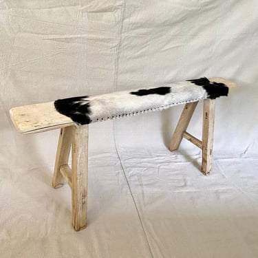 Antique Long Skinny Bench W/ Goat Hide Upholstery Modern Farmhouse 