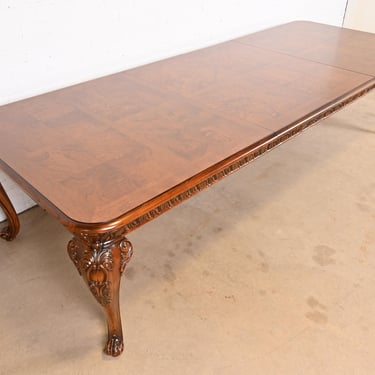Henredon Italian Baroque Carved Oak and Burl Wood Extension Dining Table, Newly Refinished