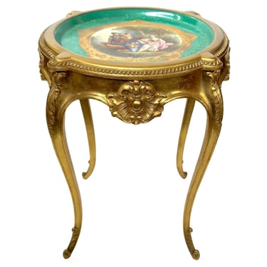 French Hand-carved Table with Porcelain Plaque & Gold Finish