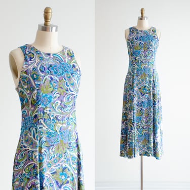 floral maxi dress 90s vintage blue purple green paisley flowy sleeveless dress 