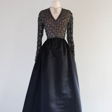 Elegant Vintage Designer Black Silk Beaded Evening Gown with Pockets! / Medium