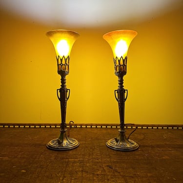 1920s Steuben Boudoir Lamps with Aurene Trumpet Shades - Nickel Plating Bronze- Rare Antique Pair of Table Lamps - Ornate Floral - AS IS 