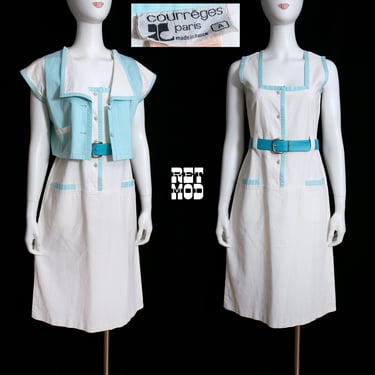 ANDRE COURREGES - RARE French Vintage 60s Atomic Space Age Mod White Dress / Cropped Jacket Set with Baby Blue Color Block Design 
