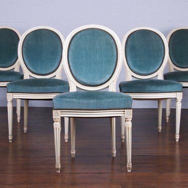 Antique French Louis XVI Style Provincial Painted Dining Chairs W/ Blue Velvet Mohair Fabric - Set of 5 