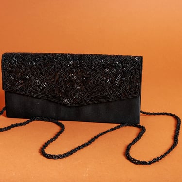 90s Black Formal Beaded Box Purse Vintage Cross Body Formal Clutch 