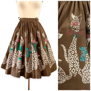 50s Cat Print Skirt / 1950s Vintage Novelty Border Print Full Skirt / Small / 25 inch waist 