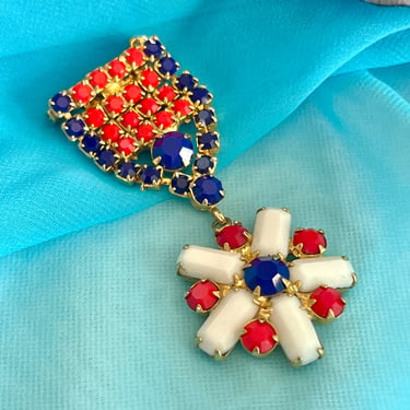 Dangle Drop Brooch, Red White  Blue, Glass Stones, Military Style, Vintage Rhinestones Bling Pin, EXCELLENT 