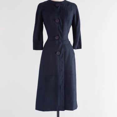 Elegant 1950's Navy Blue Silk Coat Dress From Nicholas Ungar / Medium