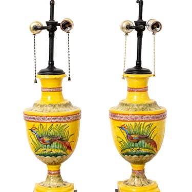 Pair of Urn Form Majolica Lamps
