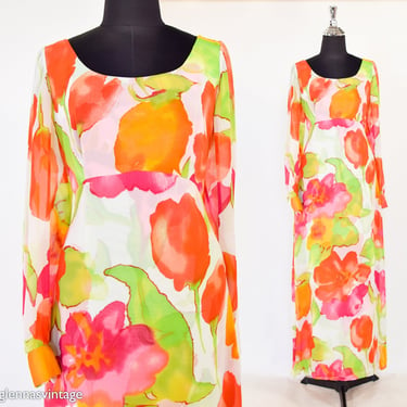 1980s Orange Floral Evening Gown | 80s Orange Print Maxi Dress | Anthony Vask | Medium 